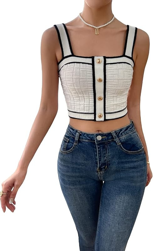 GORGLITTER Women's Knit Tank Top Button Front Square Neck Sleeveless Ribbed Crop Tops | Amazon (US)
