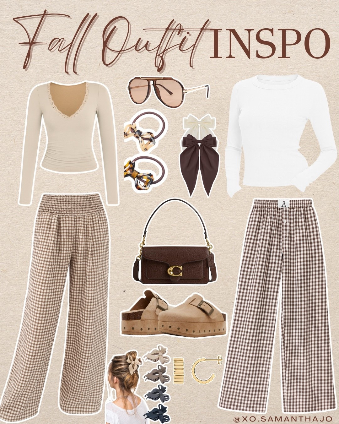 Fall outfit inspo, neutral fall outfits, Amazon fall fashion, cozy fall style, gingham pants, plaid wide leg pants, lounge pants Amazon, cream long sleeve top, white ribbed top, lace trim top, Coach bag dupe, brown shoulder bag, fall accessories Amazon, bow hair clips, tortoise claw clips, oversized sunglasses, fall hair bows, platform clogs, suede clogs, casual fall outfit, comfy fall outfit, Pinterest outfit ideas, LTK fall fashion, fall capsule wardrobe, brown and cream aesthetic, neutral tones, autumn style, minimalist fall outfit, girly fall aesthetic, cozy chic, boxer pants, Amazon outfit ideas, fall trends 2025, everyday fall look, casual fall outfits, errands outfits, game day outfits, brunch outfits, mom outfits 

#LTKSeasonal #LTKStyleTip #LTKItBag