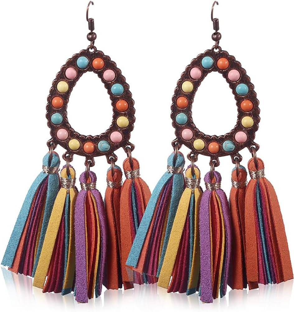 Long Bohemian Fringe Leather Earrrings Handmade Tassel Earrings with Turquoise Vintage Boho Long ... | Amazon (US)