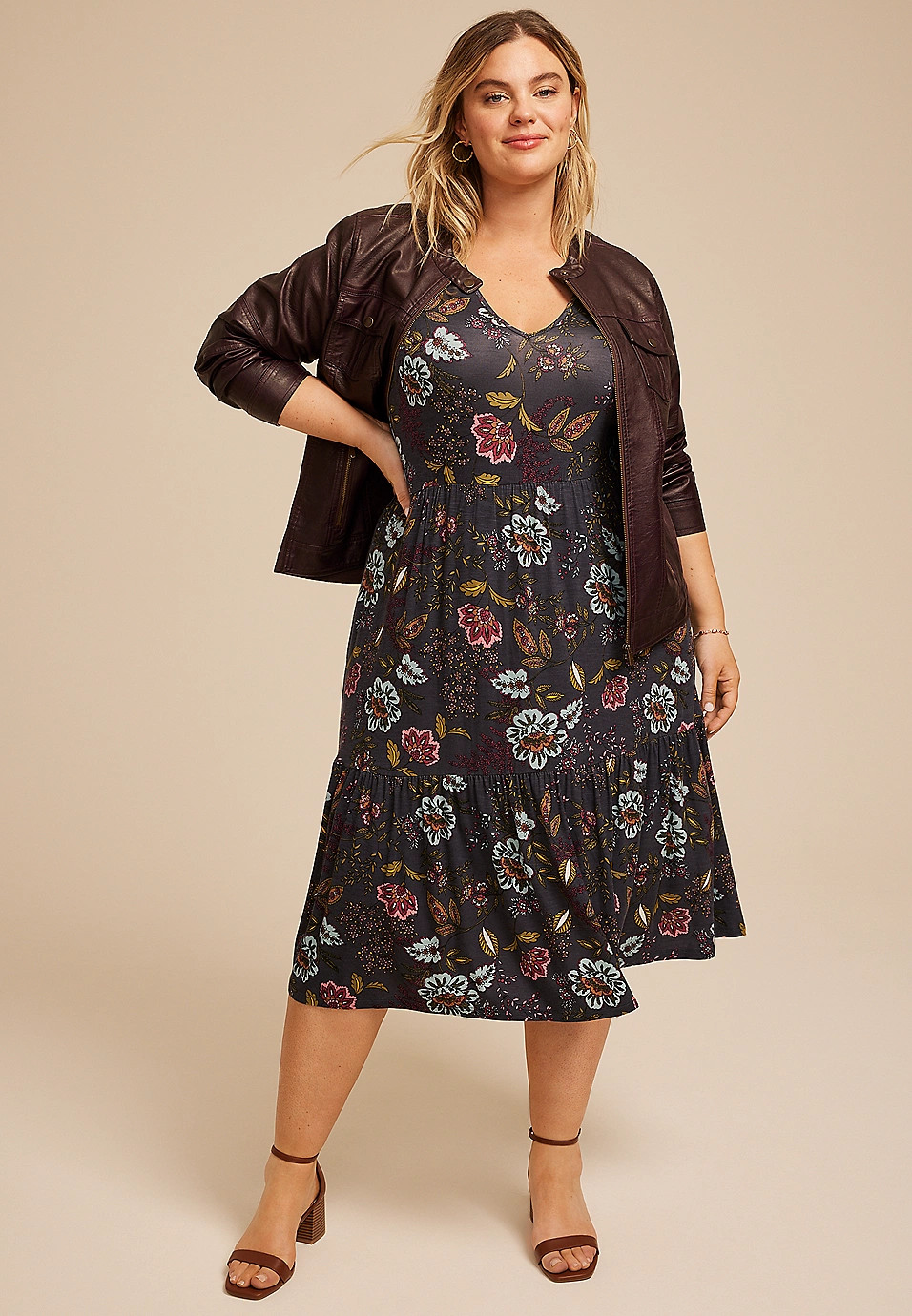 Plus Size 24/7 Floral Tulip Sleeve Midi Dress | Maurices