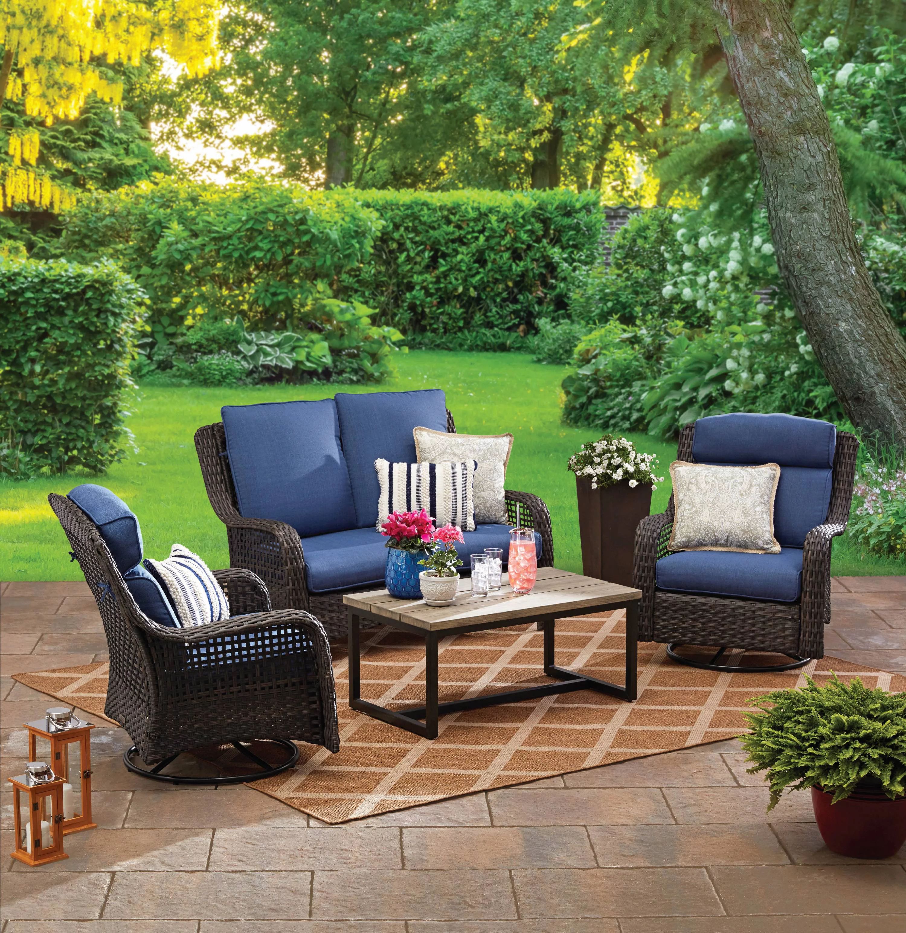 Better Homes & Gardens Ravenbrooke 4-Piece Patio Furniture Conversation Set, Wicker, with Swivel ... | Walmart (US)