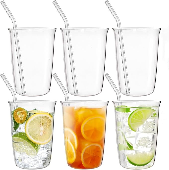 6 Piece Drinking Glasses, 16 Oz Clear Water Glass Set with Straws, Lead-free Highball Glass Cup K... | Amazon (US)