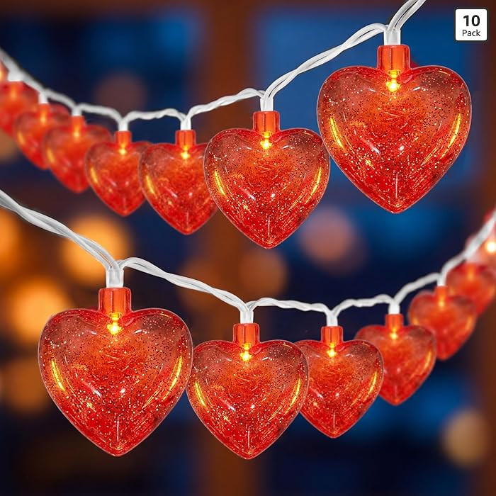 Romasaty 8.5 Ft Heart String Lights, Valentines Day Decorations Lights with 10 LED Glitter Red He... | Amazon (US)