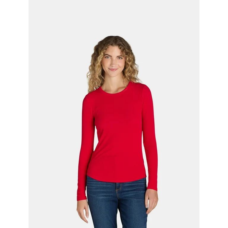 No Boundaries Ribbed Crewneck Tee with Long Sleeves, Women's and Women's Plus | Walmart (US)