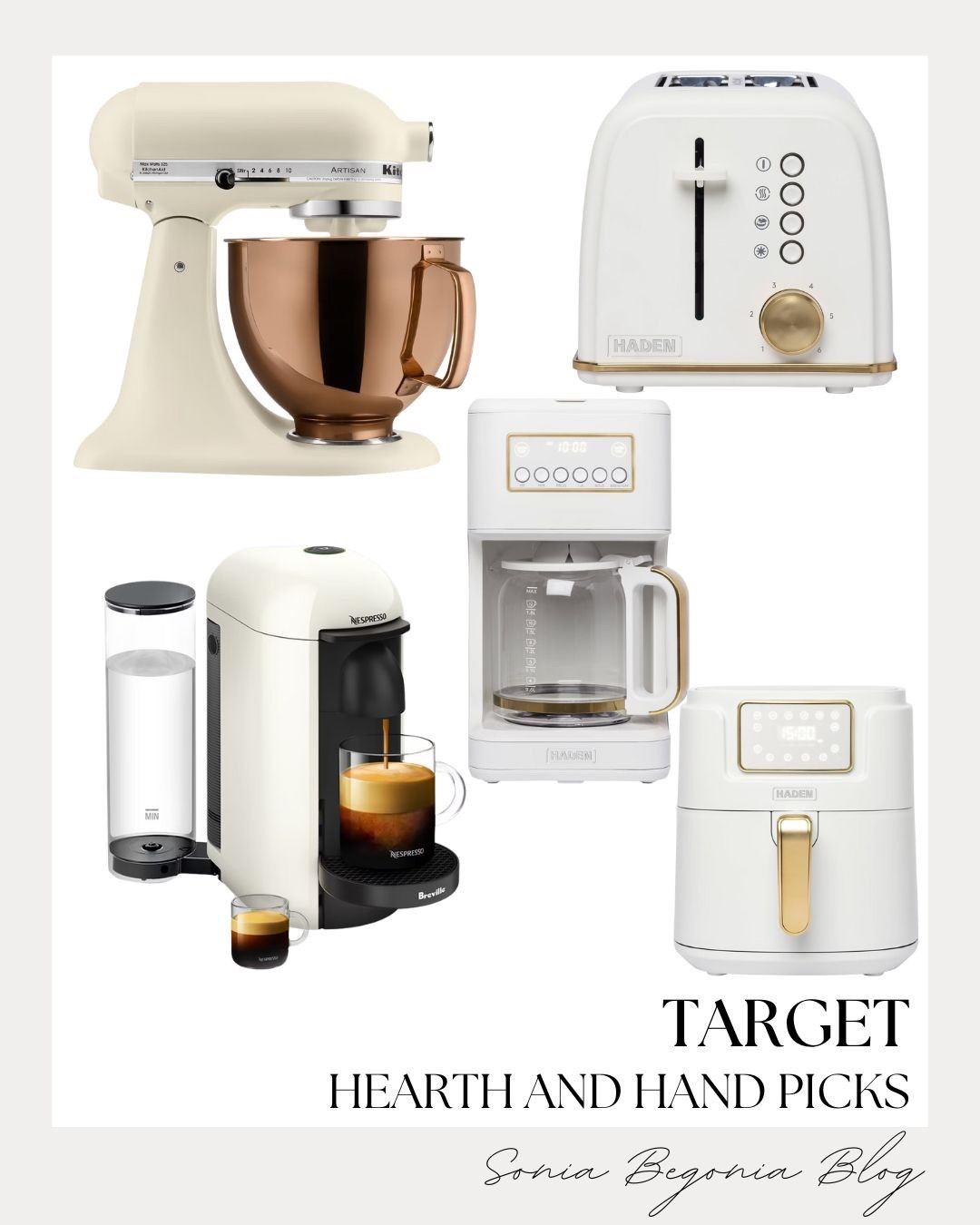 KITCHEN REFRESH: Hearth & Hand Aesthetic Picks! ☕️

Elevate your countertop game with these stunning, creamy neutral appliances from the Target Hearth & Hand collection!

I am obsessed with this curated selection of kitchen essentials that perfectly blend modern functionality with a timeless, high-end look. The statement piece is definitely the iconic KitchenAid Artisan mixer in a gorgeous cream finish, complete with a striking copper bowl. To keep the aesthetic cohesive, I’ve paired it with sleek white and gold accents, including a retro-style toaster, a matching coffee maker, and even a chic air fryer with gold handle details. Finish the setup with a Nespresso Vertuo for the ultimate at-home coffee bar experience! These pieces are the perfect way to bring a polished, sophisticated glow to your kitchen space.

#KitchenDecor
#TargetStyle
#HearthAndHand
#KitchenGoals
#NeutralHome
#AmazonHomeFinds
#CoffeeStation
#KitchenAid
#TargetFinds
#InteriorInspo
#HomeRefresh
#CleanAesthetic
#ModernFarmhouse
#KitchenOrganization
#LTKHome


#LTKHome