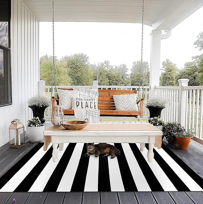 EARTHALL Black and White Striped Rug Outdoor 4'x6', Cotton Hand-Woven Black Striped Door Mat, Rev... | Amazon (US)