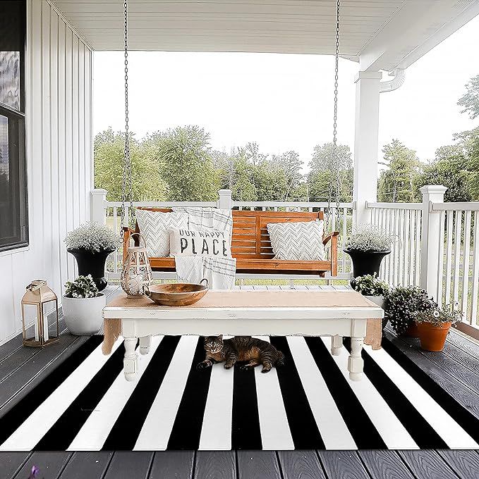 EARTHALL Black and White Striped Rug Outdoor 4'x6', Cotton Hand-Woven Black Striped Door Mat, Rev... | Amazon (US)
