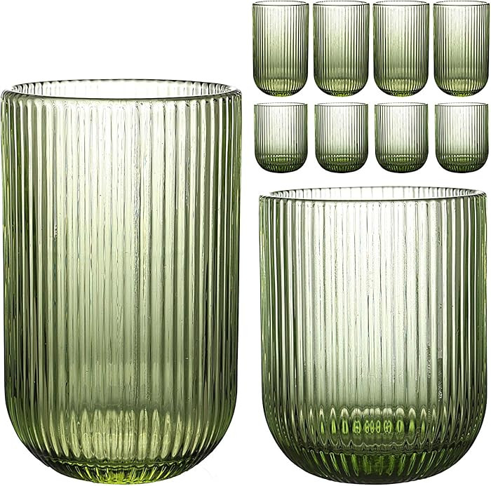 Set of 8 Ribbed Glassware,4 Highball Glasses 14oz & 4 Rocks Drinking Glasses 9oz, Green, Origami ... | Amazon (US)