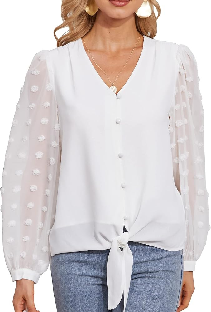 Leereya 2022 Long Sleeve Business Casual Tops for Women Front Knot Shirts Swiss Dot Asymmetrical Blo | Amazon (US)