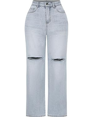 THUNDER STAR Womens High Waisted Wide Leg Jeans Stretchy Distressed Denim Pants | Amazon (US)