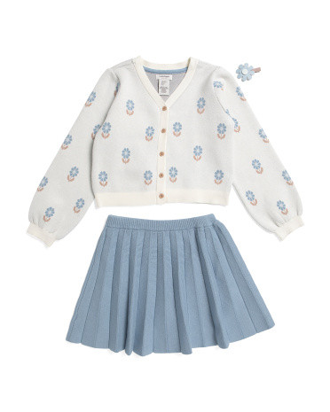 Girls Long Sleeve Cardigan And Skirt Set With Hair Clip | TJ Maxx