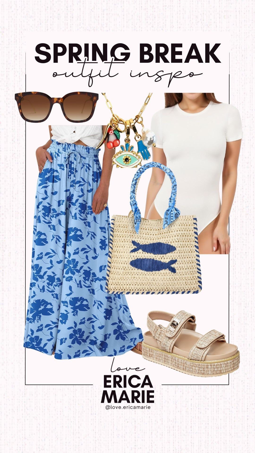 Ahh, these blue pants are perfect for walking around the beach for spring break. I have been loving blue lately and this outfit is midsize mom approved for spring break. This bodysuit holds the tummy in and keeps you feeling confident and paired with these flowy pants, it’s a match made in heaven! Also, can you believe this fish themed purse is Walmart?! I am so impressed with their boutique inspired beachy items right now. 
Evil eye paperclip charm necklace, natural raffia platform sandals, wide leg blue floral women’s pants 

#LTKMidsize #LTKOver40 #LTKSeasonal