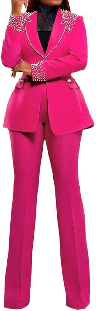 Tcremisa Womens Fashion Pants Suit 2 Piece Business Outfits Pearls Long Sleeve Blazer and Slim Fi... | Amazon (US)
