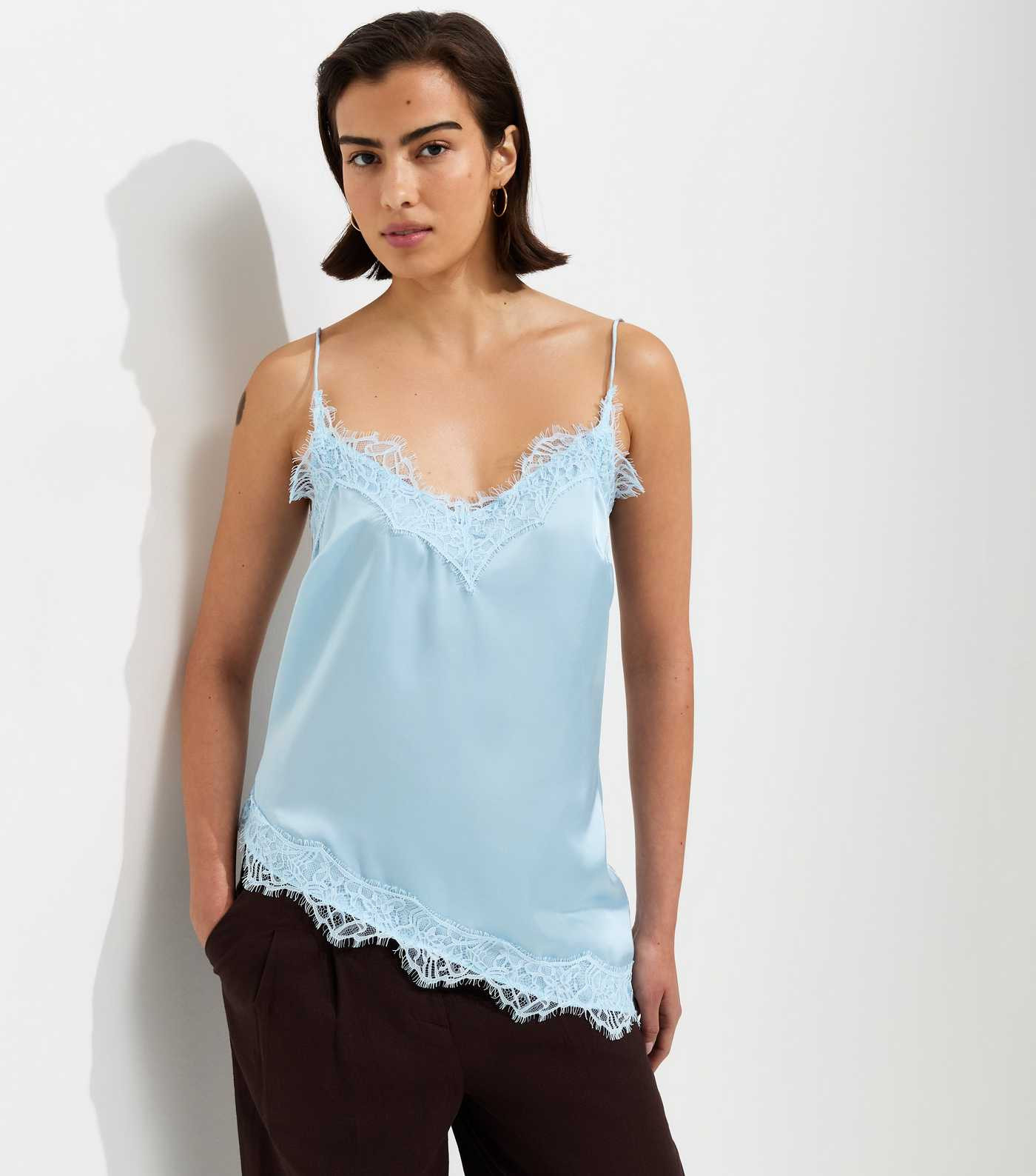 Light Blue Satin Asymmetric Lace Hem Cami Top | New Look | New Look (UK)