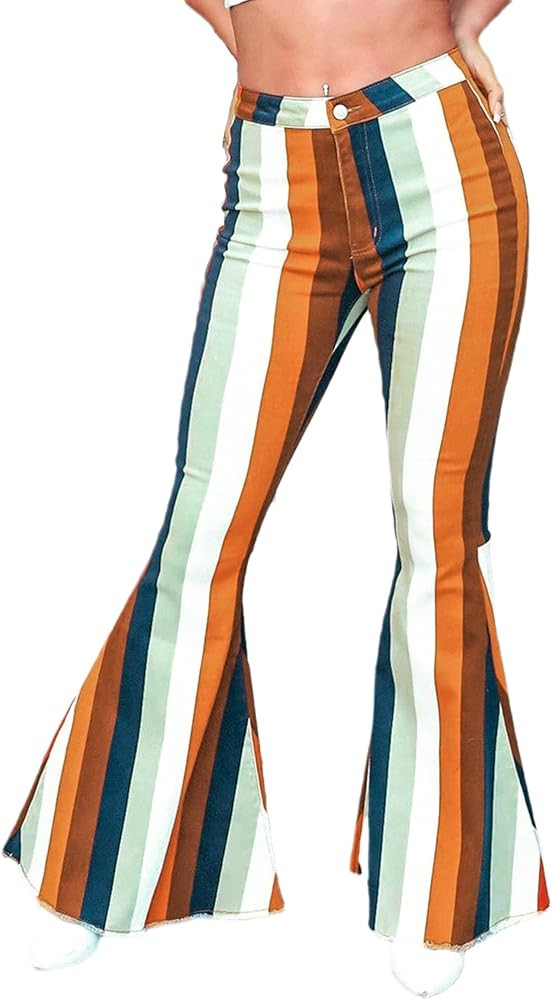 Women's Vintage Striped Ripped Bell Bottom Jeans High Waist Stretchy Hem Raw Flared Denim Pants | Amazon (US)