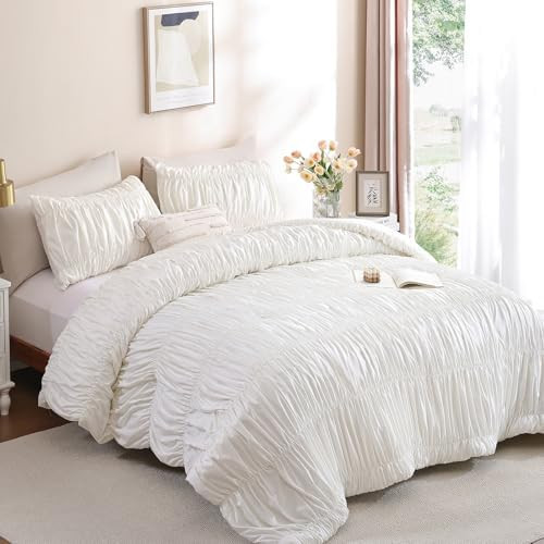 weigelia Cinched Comforter Set Queen - 3PCS Soft Cozy Cream White Queen Bedding Set with Decorati... | Amazon (US)