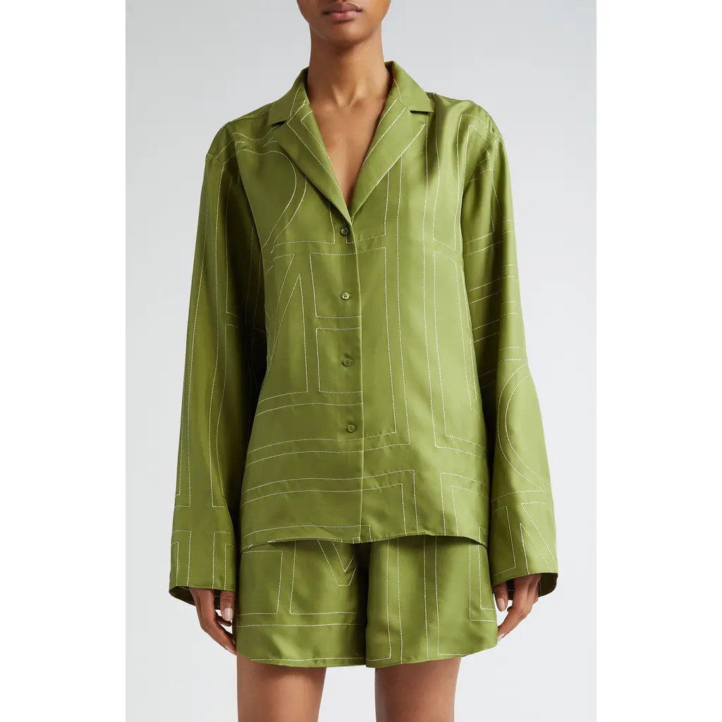 TOTEME Monogram Embroidered Silk Button-Up Shirt in Laurel at Nordstrom, Size 4 Us | Nordstrom