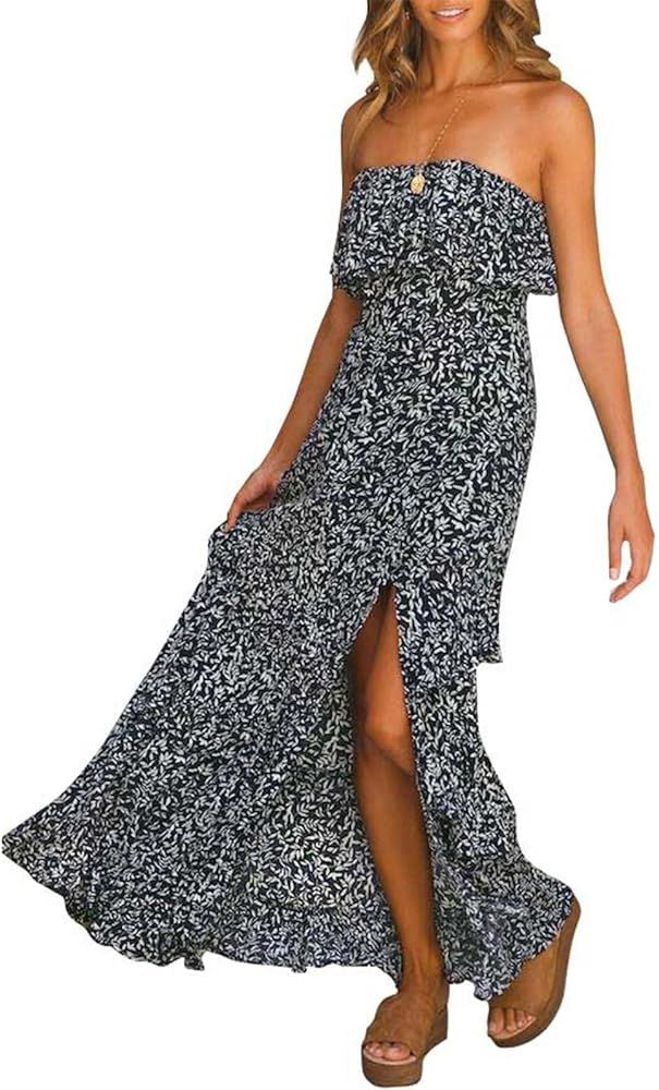 YORGOS Women's Summer Bohemia Floral Strapless Long Maxi Dress Ruffles Side Slit with Belt | Amazon (US)