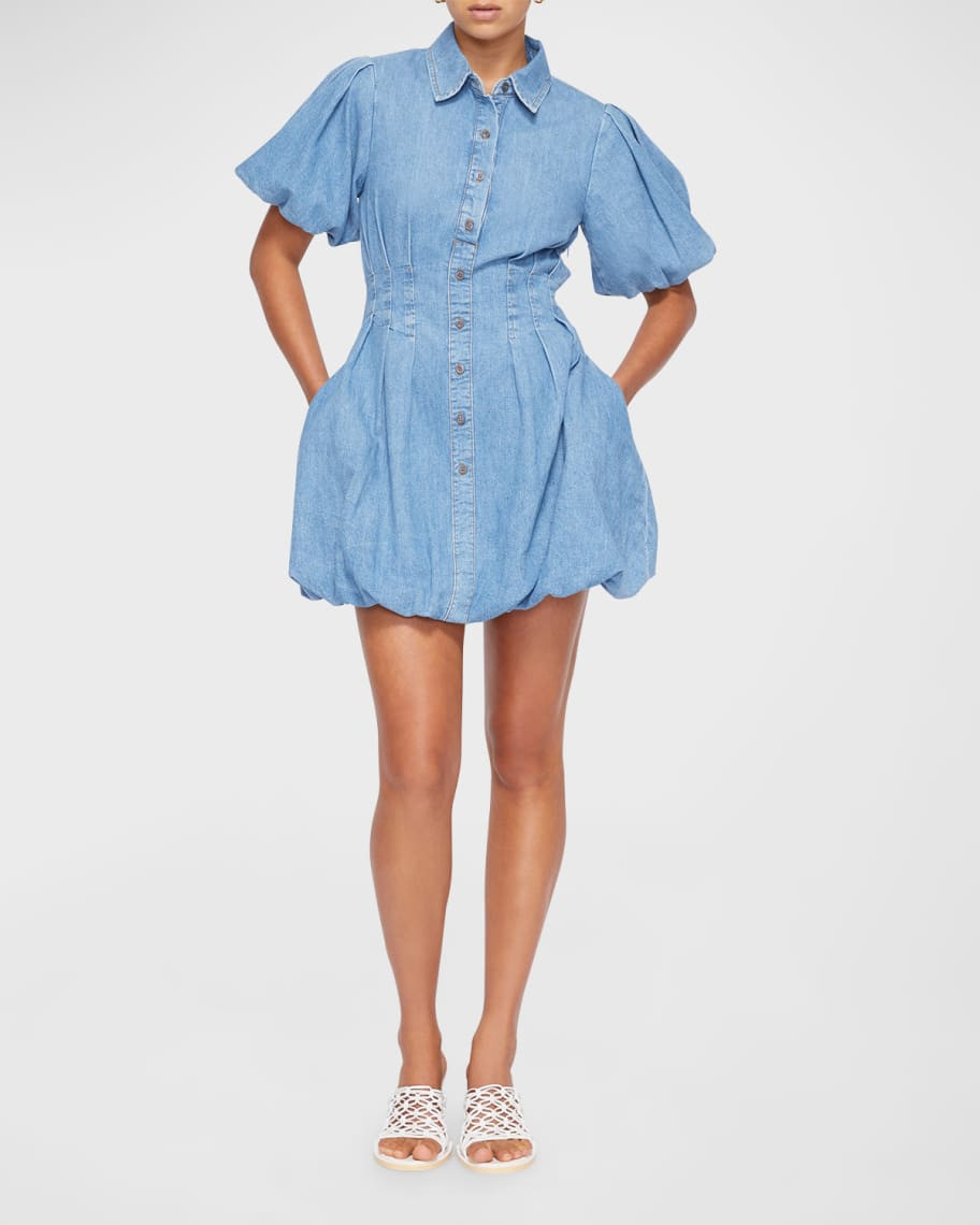 SIMKHAI Ciara Bubble-Hem Denim Mini Dress | Neiman Marcus