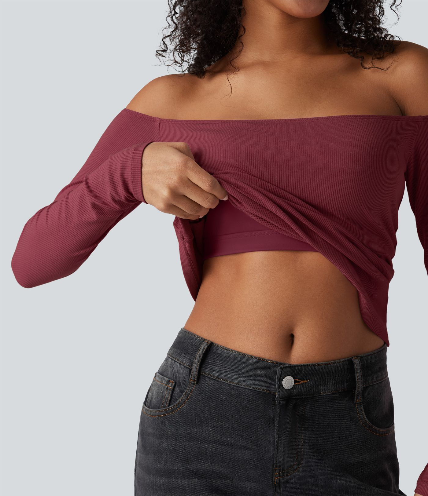 Women’s Ribbed Knit Off Shoulder Long Sleeve 2-in-1 Casual Top - Halara | HALARA
