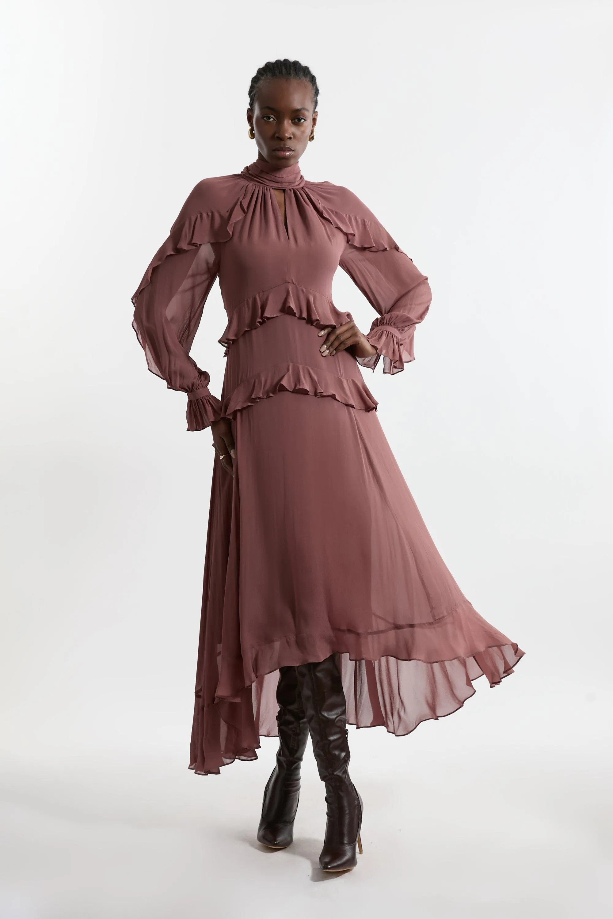 Viscose Georgette Ruffle Detail Drama Woven Maxi Dress | Karen Millen UK + IE + DE + NL