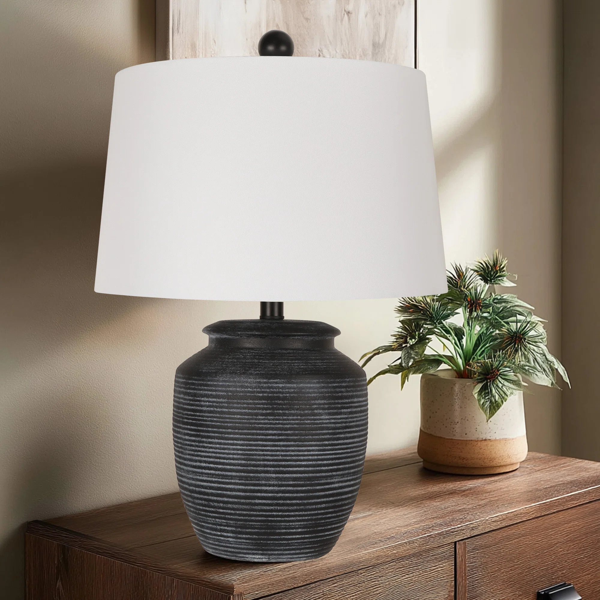 28" Rustic Ceramic Pot Table Lamp for Bedroom Living Room Dining Home Office Entryway, Black | Wayfair North America