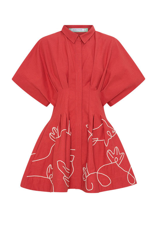 Pleated Mini Shirt Dress in Red | Bohemian Traders