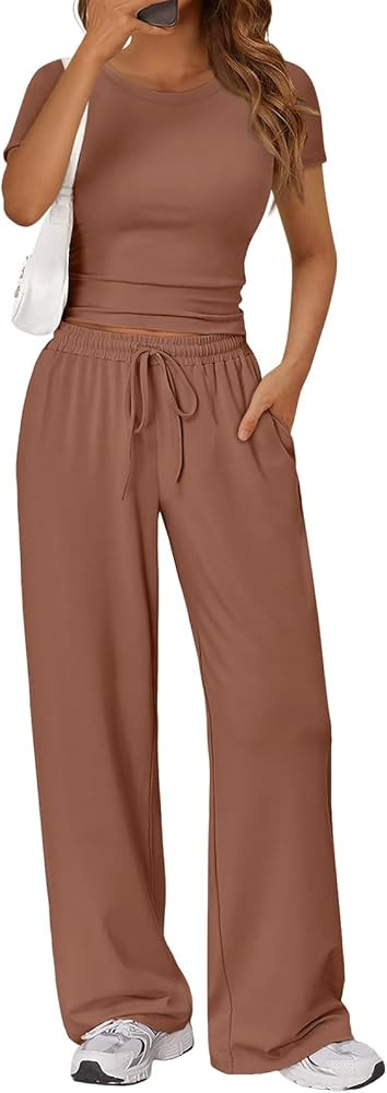 Trendy Queen 2 Piece Matching Summer Sweatsuit Lounge Set Womens Wide Leg Pants Side Ruching Crop... | Amazon (US)