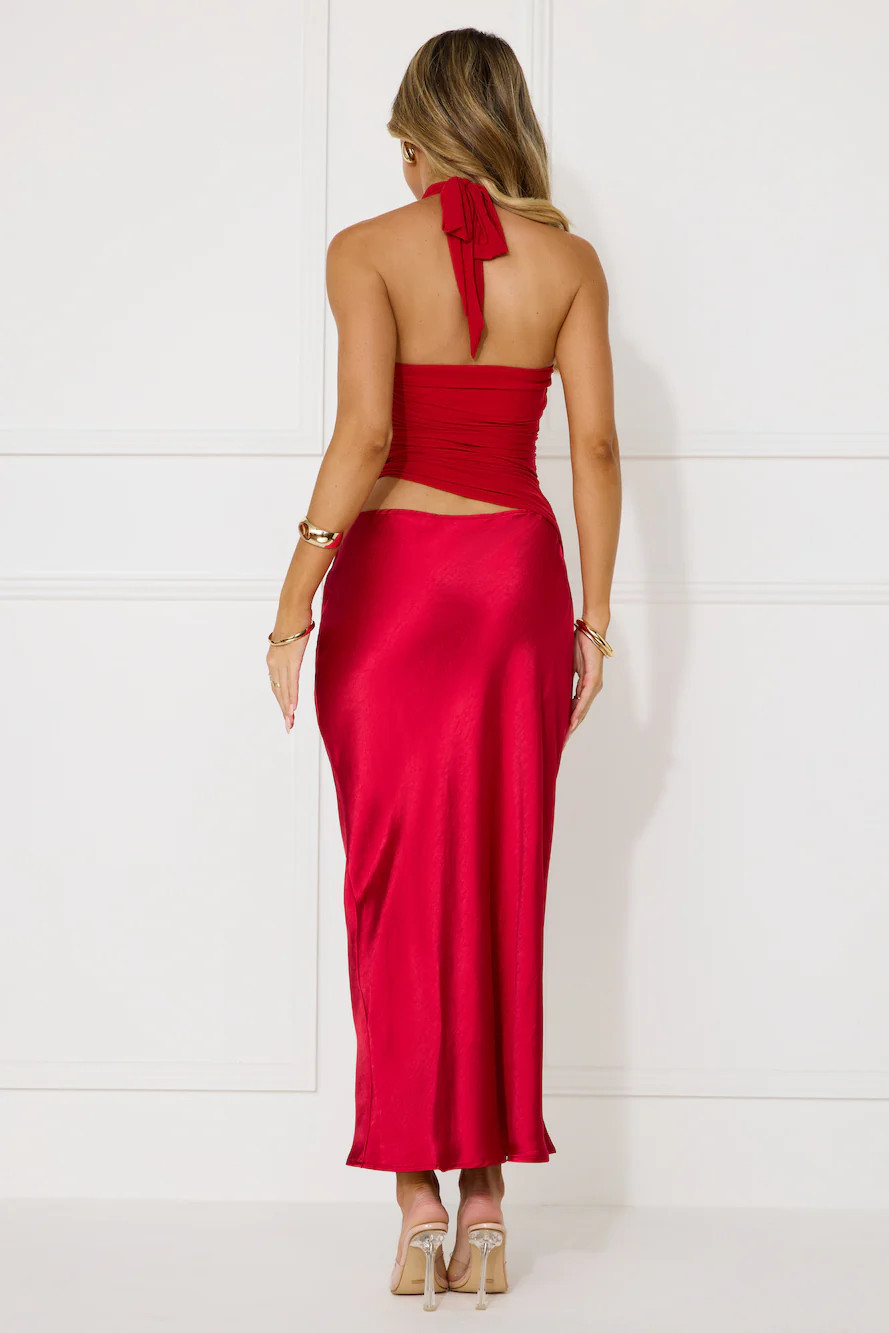 Popping Bottles Satin Mesh Halter Maxi Dress Red | Hello Molly (AU)
