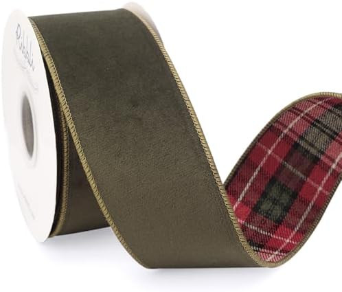 Ribbli Moss Green Velvet Wired Ribbon with Plaid Reversible 2.5 Inch Christmas Ribbon for Gift Wr... | Amazon (US)