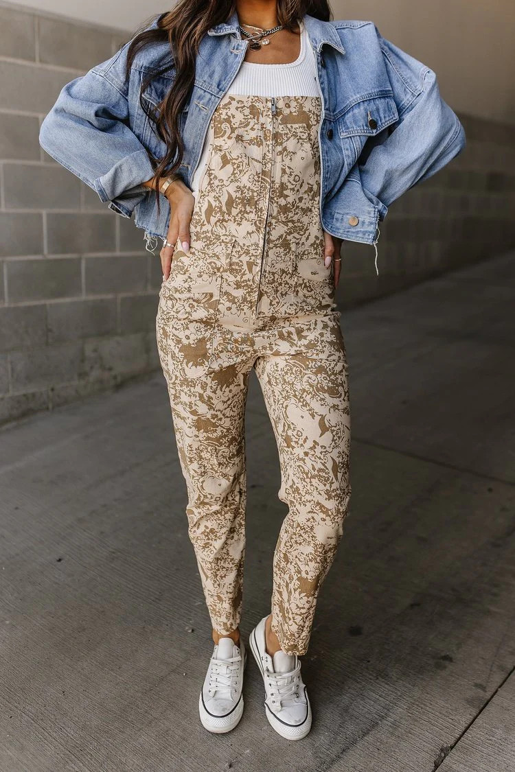 Taupe Floral Zipper Front Overalls | Bennett Floral Jumpsuit | Mindy Mae's Market