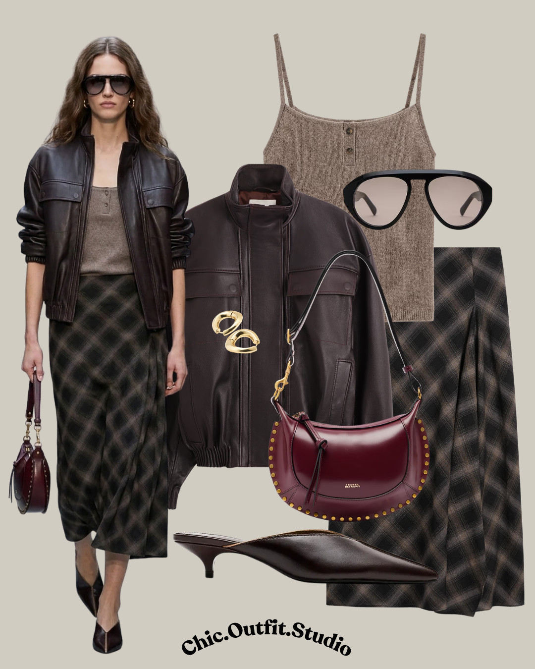 Chocolate Leather Bomber & Plaid Midi Skirt | Quiet Luxury Pre-Fall

✨A rich chocolate leather bomber layered over a taupe knit cami and a brown plaid bias-cut midi skirt creates the ultimate quiet luxury pre-fall look. Deep burgundy accessories and sleek kitten heels elevate the earthy palette for an effortlessly sophisticated finish. 

✨Perfect for dinner dates, gallery visits, city weekends, fashion events, or polished everyday wear.

✨Tags: chocolate leather bomber outfit, brown leather jacket women, plaid midi skirt outfit, taupe knit cami outfit, burgundy handbag outfit, brown kitten heels outfit, pre fall outfit women, quiet luxury outfit, European style outfit, elevated feminine style, chic city outfit, minimalist fall fashion, transitional weather outfit, classic brown outfit, luxury casual outfit 

 #LTKgrwm #LTKootd #LTKOver40