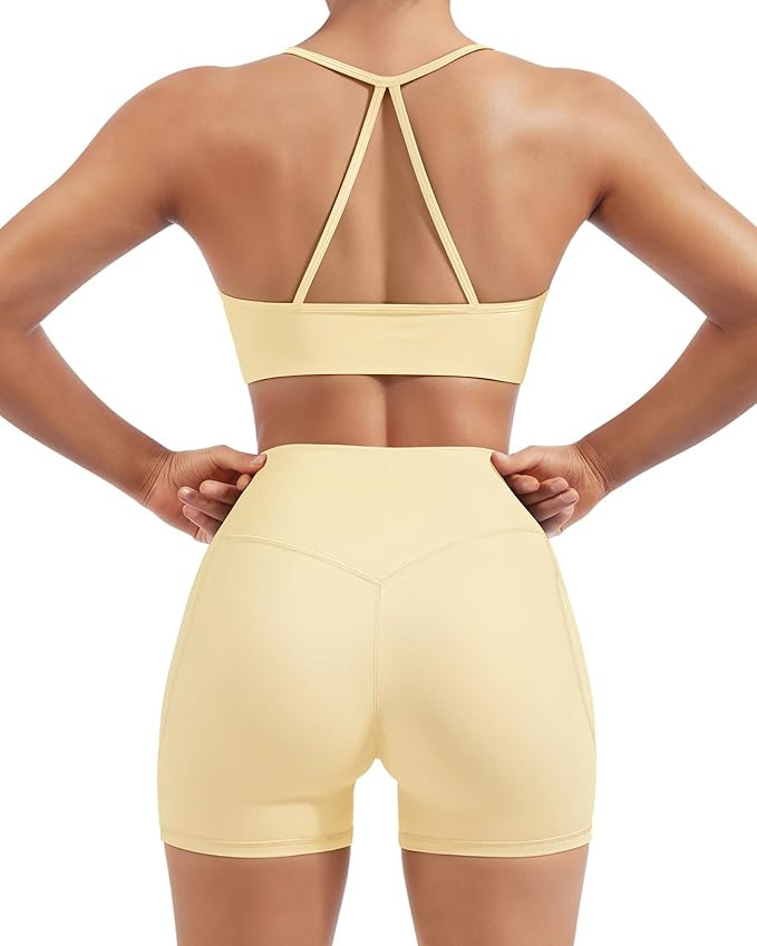 SUUKSESS Women 2 Piece Workout Sets Padded Halter Sports Bras High Waisted Biker Shorts with Pock... | Amazon (US)