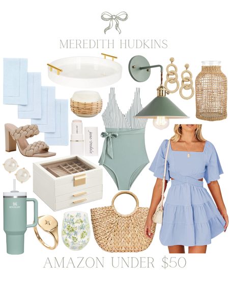 Blue dress, coastal home decor, woven purse, jewelry box, scones, white serving tray, sage one piece swimsuit, highlighter, Stanley cup, pearl earrings, rattan vase, Steve Madden braided heels, nude heels, rattan earrings, wine glass, sage, puppy, classic, Spring outfit, summer outfit, spring fashion, Amazon fashion, Amazon home, lighting, entryway, living room, cloth napkins, hosting, entertaining, blue cut out dress, make up

#LTKSeasonal #LTKunder50 #LTKsalealert