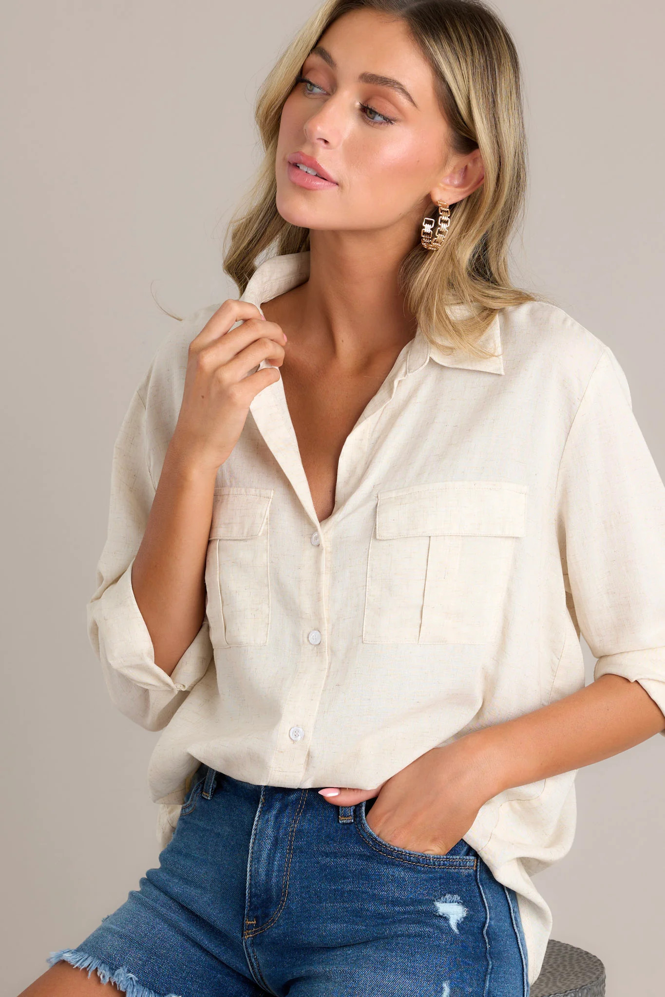 Sweet & Simple Natural Button Front Linen Blend Top | Red Dress