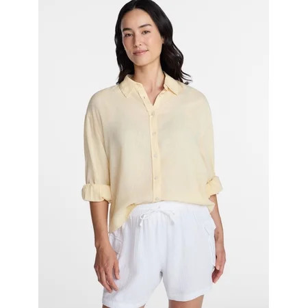 Time and Tru Women s Linen Blend Button Front Cropped Top with Long Sleeves Sizes XS-XXXL | Walmart (US)