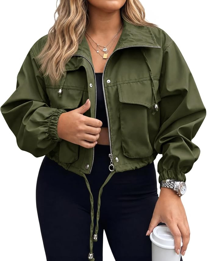 Tankaneo Womens Plus Size Cropped Jackets Zip Up Lightweight Oversized Casual Utility Anorak Coat... | Amazon (US)