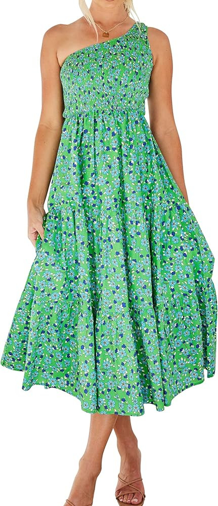 ANRABESS Women's Boho Summer Printed One Shoulder Sleeveless Smocked Flowy Tiered Beach Party Maxi D | Amazon (US)