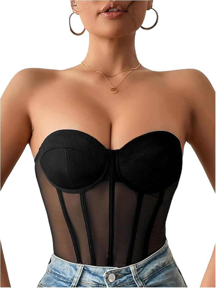 OYOANGLE Women's Mesh Strapless Corset Bodysuit Sleeveless Slim Fitted Tube Top Bodysuits Party C... | Amazon (US)