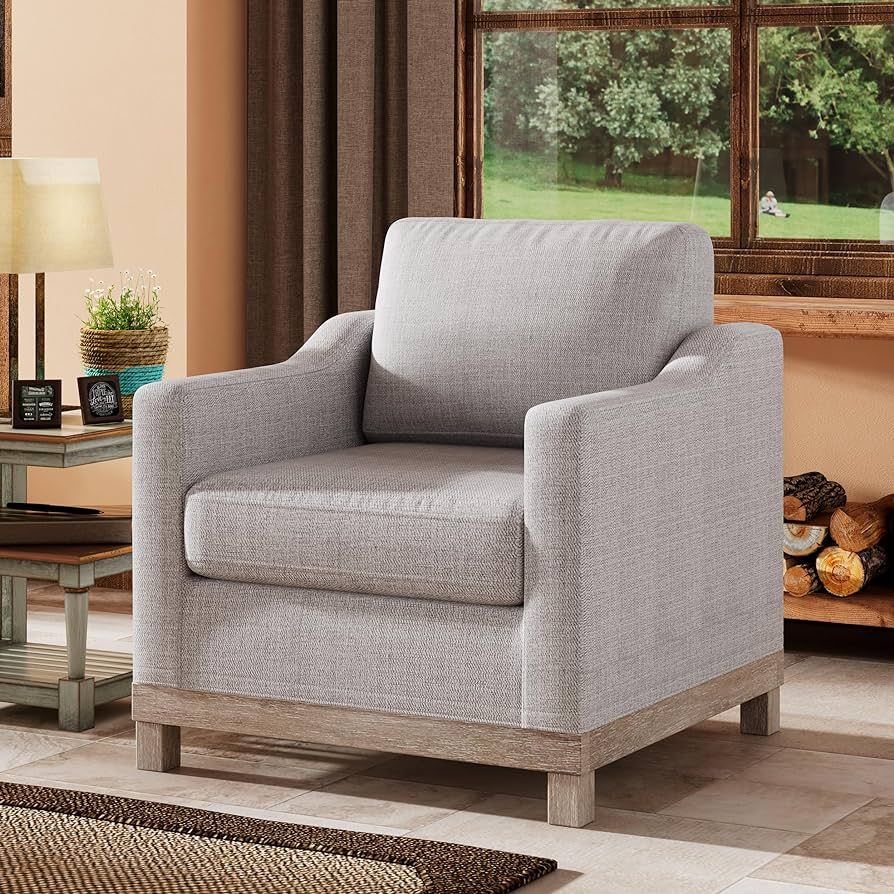 Merax Contemporary Living Room Accent Chair with Rubber Wood Base, Grey Linen | Amazon (US)