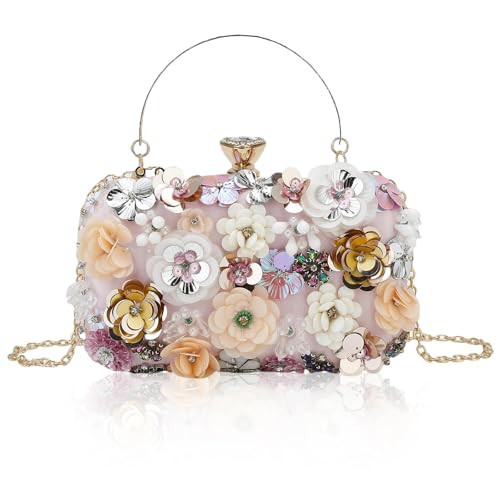 Floral Clutch Purse for Womens Evening Clutches Bag Colorful Flower Handbags Crossbody Shoulder Bags with Beads Squins Metal Chains Rhinestones (Pink) | Amazon (US)