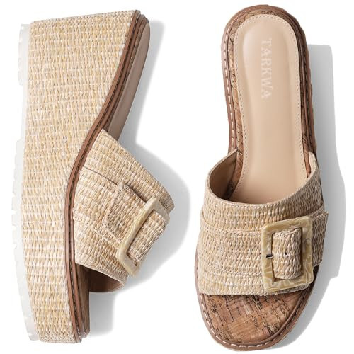 Tarkwa Platform Wedge Sandals for Women Raffia Espadrille Slip On Slides Comfortable Big Buckle Sandals Open Toe Beach Dress Sandal Apricot Size 7 | Amazon (US)