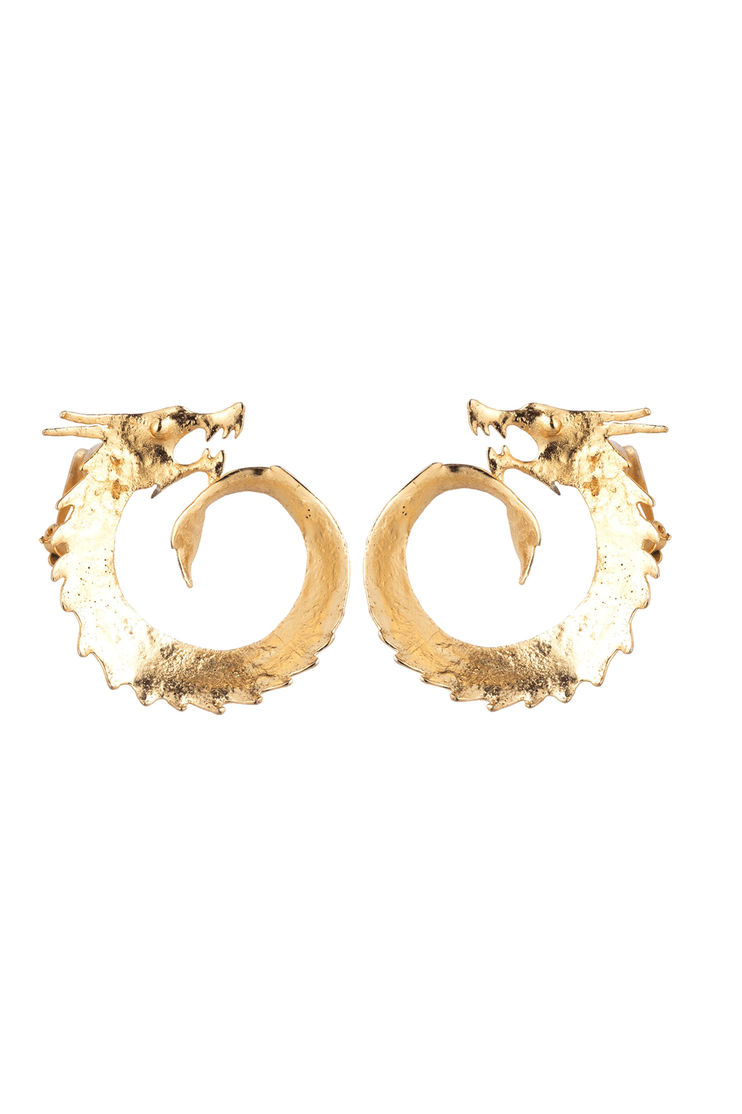 Hammered Brass Dragon Swirl Clip Earrings | Natori