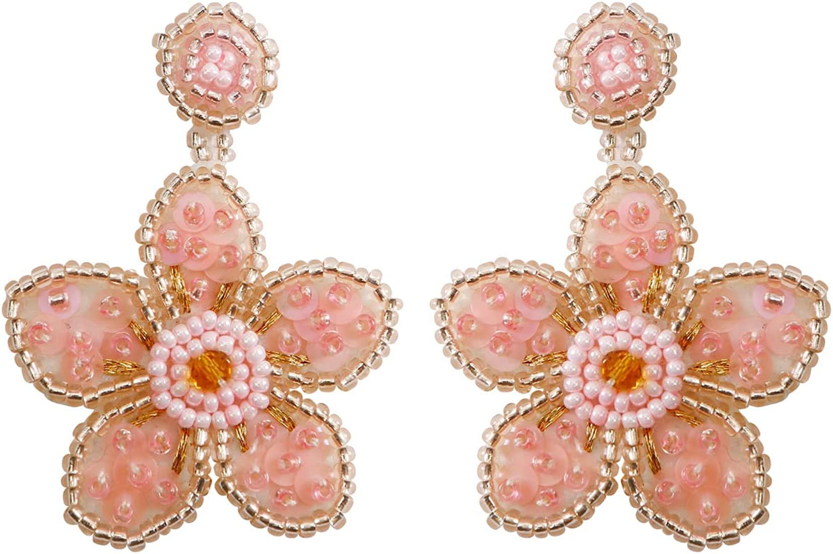 Beaded Dangle Earrings – Beaded Flower Earrings Handmade Bohemia Statement Beaded Drop Fringe E... | Amazon (US)