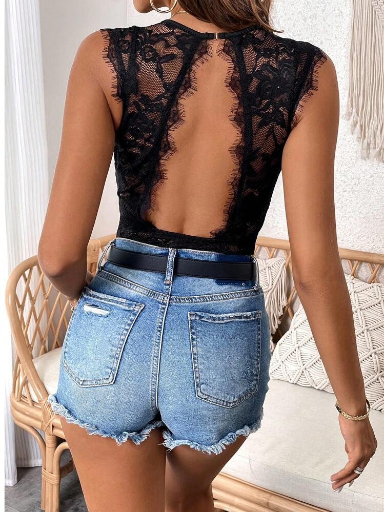 Chiquease Contrast Lace Backless Tank Bodysuit | SHEIN