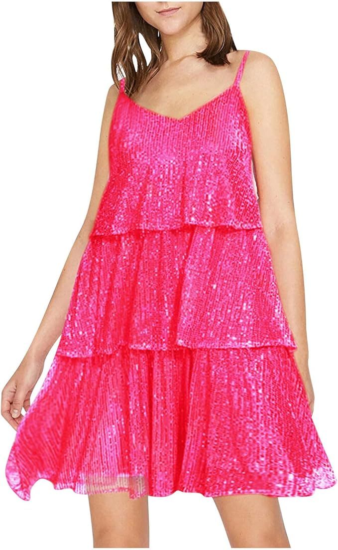 Women's Party Dress Birthday Spaghetti Straped Dress Fashion Tiered Sequins Sexy Wedding Guest Dr... | Amazon (US)