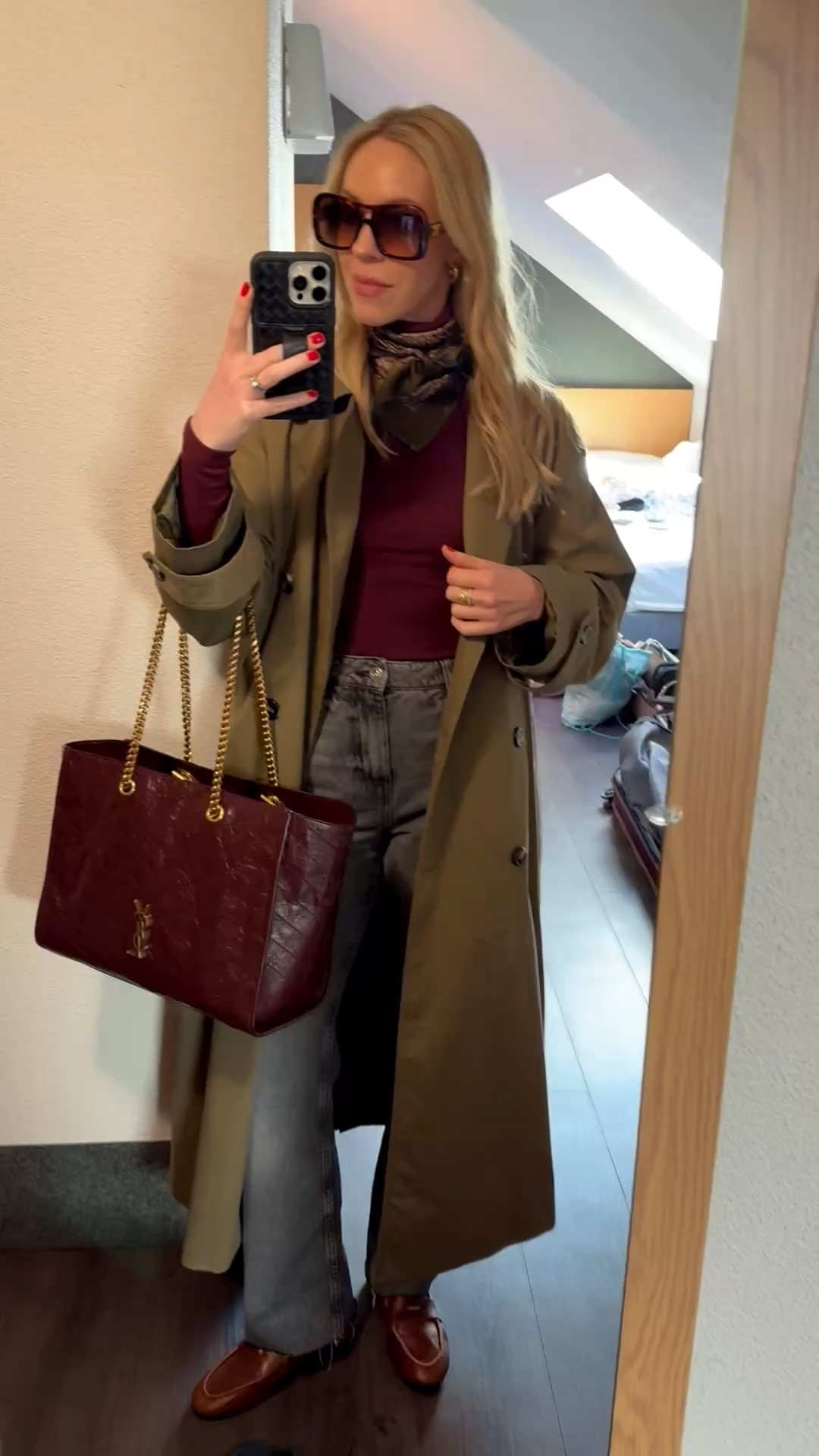 Travel look, spring break, European vacation, olive green trench coat, @Zara leather loafers, silk scarf, burgundy YSL tote bag 

#LTKOver40 #LTKTravel #LTKSeasonal