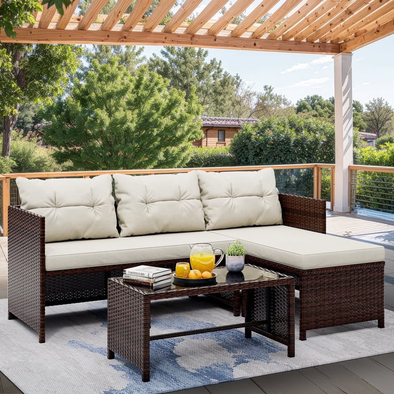 Walsunny 3 Pieces Patio Furniture Sectional Set, All-Weather Wicker Rattan Outdoor Furniture Set ... | Walmart (US)