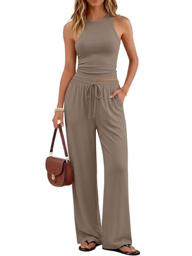 Trendy Queen Women's 2 Piece Summer Lounge Sets Butter Soft Tank Top & High Waisted Wide Leg Pants with Pockets, Mocha, X-Large | Amazon (US)