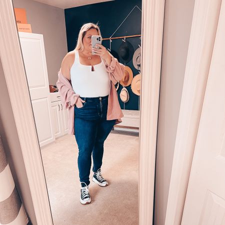 Casual jeans outfit with dark wash jeans, white bodysuit, platform sneakers, and oversized shacket. 

Converse | jacket | button up | plus size | body suit style | ootd | outfit ideas | ootd

#LTKSeasonal #LTKcurves #LTKstyletip